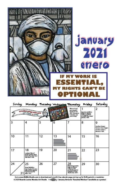 Monthly printable calendar page, artwork by Ricardo Levins Morales