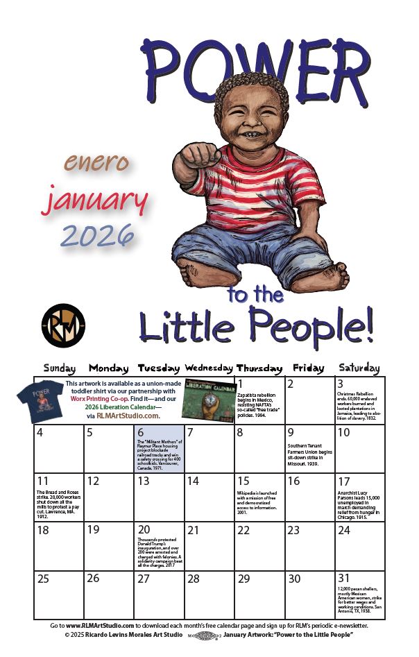 Monthly printable calendar page, artwork by Ricardo Levins Morales