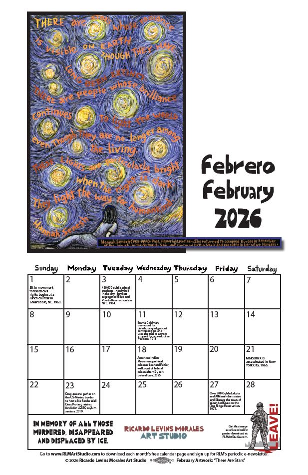 Monthly printable calendar page, artwork by Ricardo Levins Morales