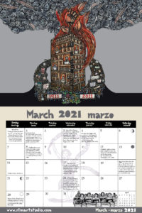 Ricardo Levins Morales 2021 Liberation Calendar March spread. Features 1911 Triangle Shirtwaist Fire commemoration with marchers surrounding the burning building. Also a dancing rebel with Emma Goldman's attributed quote "If I can't dance, I don't want to be part of your revolution," and a line of workers with sewing machines in a factory.