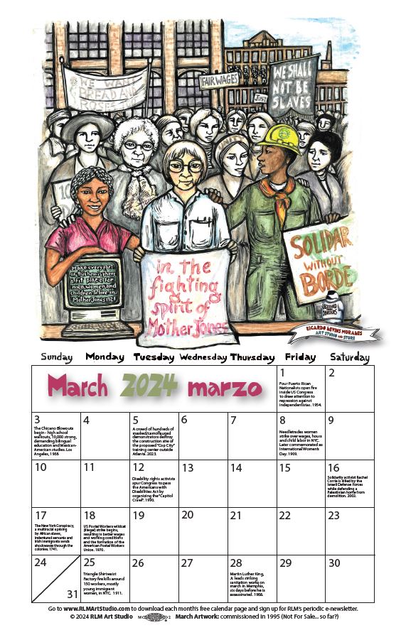 Monthly printable calendar page, artwork by Ricardo Levins Morales