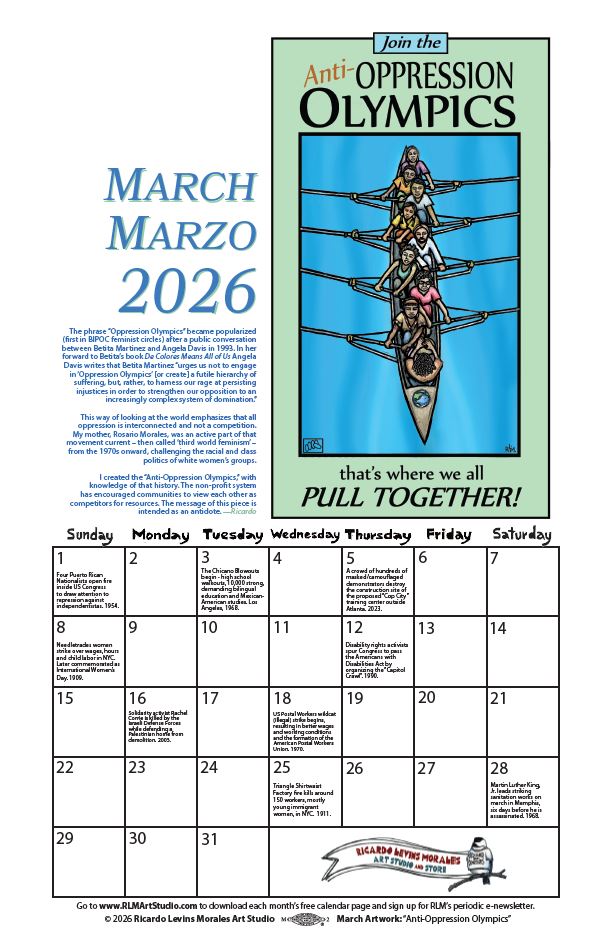 Monthly printable calendar page, artwork by Ricardo Levins Morales