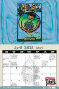 Ricardo Levins Morales 2021 Liberation Calendar April spread - Shows "The Gulf Solidarity Pledge," an illustration of one figure holding another inside a raindrop/teardrop, and a pirate flag with the words "Defend New Orleans and the Gulf Coast - Stop teh Buck-A-Neers!"