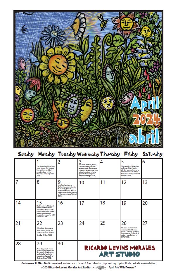 Monthly printable calendar page, artwork by Ricardo Levins Morales