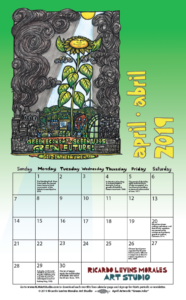 April 2019 calendar page featuring "Green Jobs" poster, original artwork by Ricardo Levins Morales