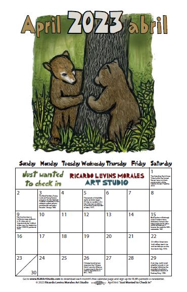 Monthly printable calendar page, artwork by Ricardo Levins Morales
