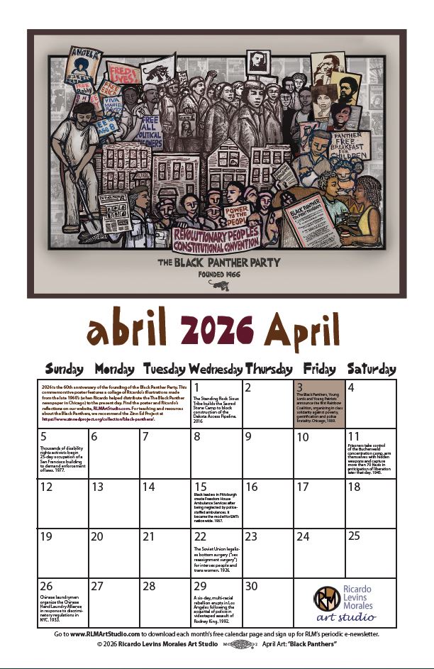 Monthly printable calendar page, artwork by Ricardo Levins Morales