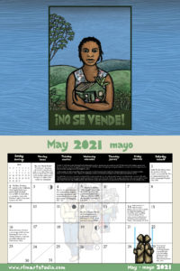 Ricardo Levins Morales 2021 Liberation Calendar May Spread - features "No Se Vende" ("It's not for sale"), a person cradling their home in their arms, and a line of marchers with signs. Page also includes an accounting of the 2020 George Floyd rebellion.