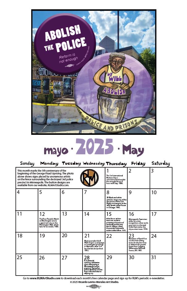 Monthly printable calendar page, artwork by Ricardo Levins Morales