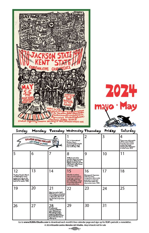 Monthly printable calendar page, artwork by Ricardo Levins Morales