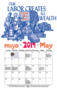 May 2019 downloadable calendar featuring "Our Labor Creates All Wealth" original artwork by Ricardo Levins Morales