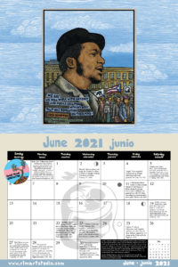 Ricardo Levins Morales 2021 Liberation Calendar June spread. Features Fred Hampton's rainbow coalition, a "black trans live matter" button, and a background of two figures in an embrace. This page also finished an account of 2020's George Floyd rebellion in Minneapolis.