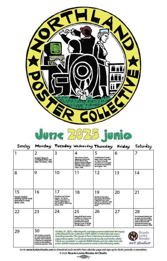 Monthly printable calendar page, artwork by Ricardo Levins Morales