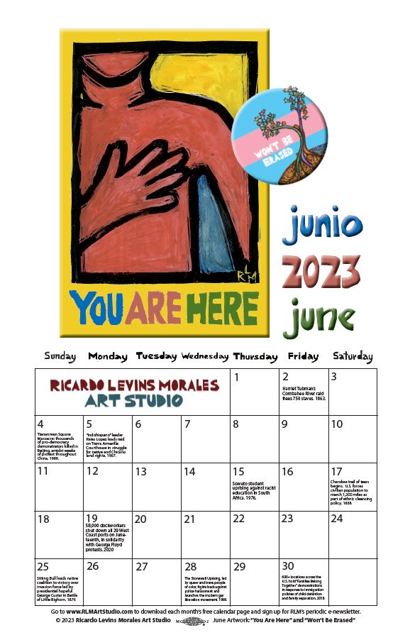 Monthly printable calendar page, artwork by Ricardo Levins Morales