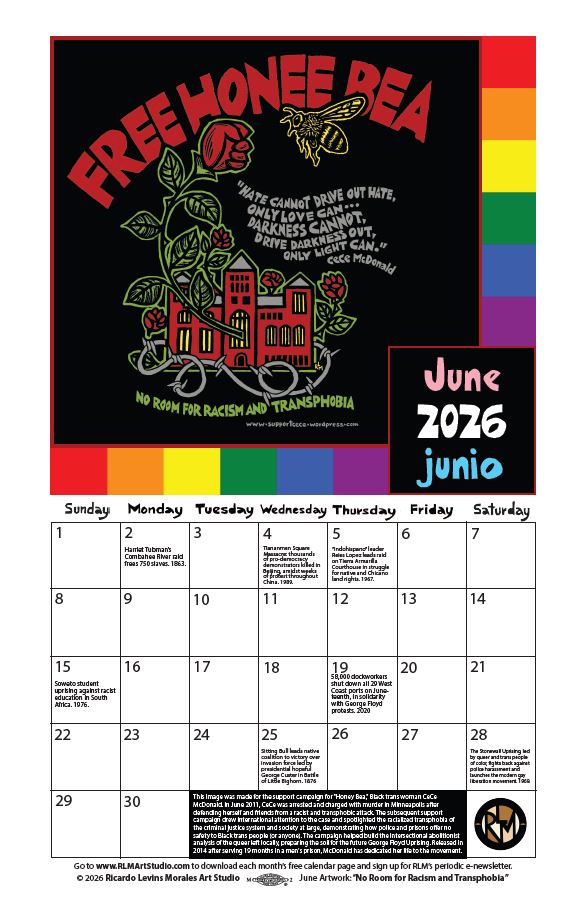 Monthly printable calendar page, artwork by Ricardo Levins Morales