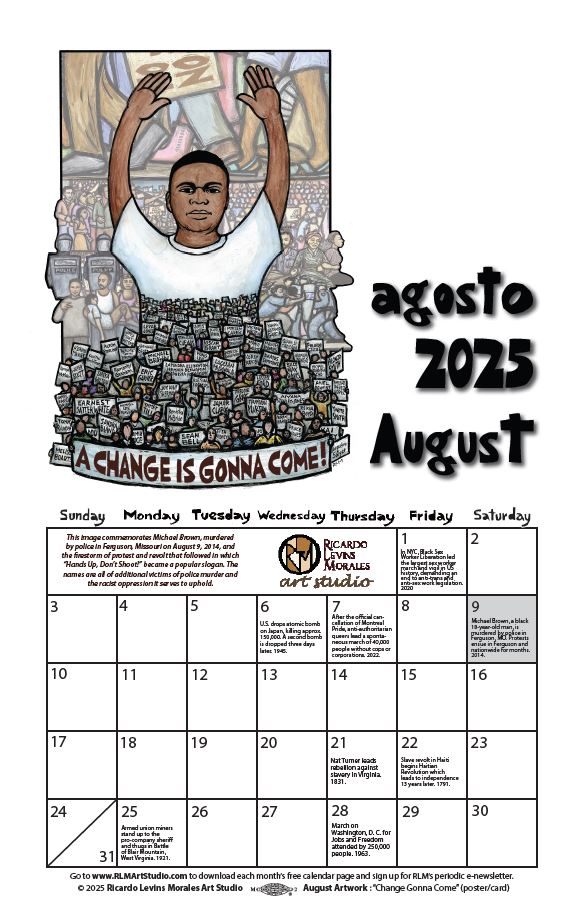 Monthly printable calendar page, artwork by Ricardo Levins Morales