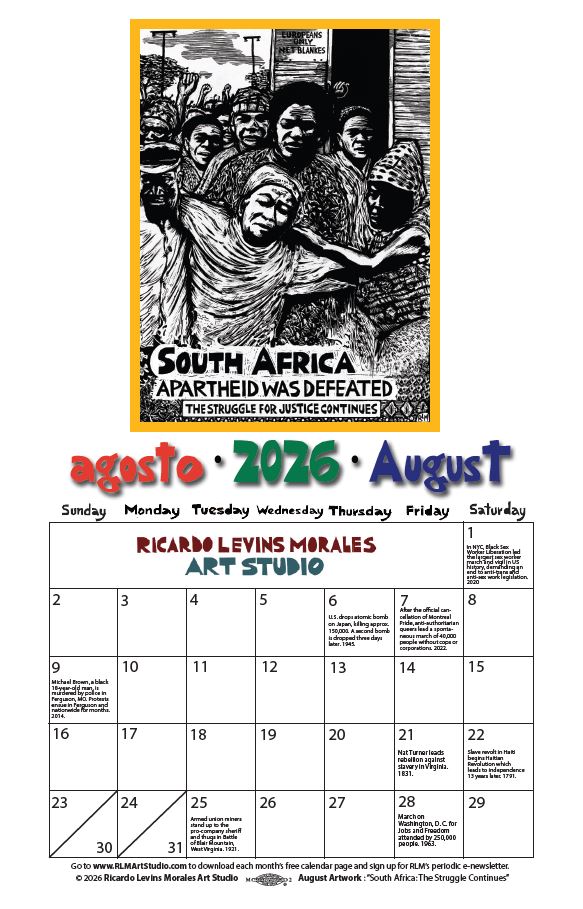 Monthly printable calendar page, artwork by Ricardo Levins Morales