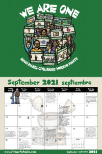 Ricardo Levins Morales 2021 Liberation Calendar September spread, featuring "We Are One--Human, Civil and Worker Rights", showing union workers holding up signs depicting various rights against a bright green background. Against the calendar grid, two hands stir a pot over a campfire, and a union nurse organizer walks past her boss.