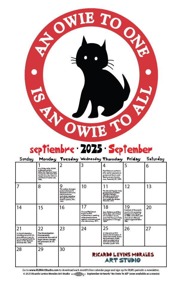 Monthly printable calendar page, artwork by Ricardo Levins Morales