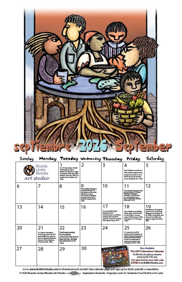 Monthly printable calendar page, artwork by Ricardo Levins Morales