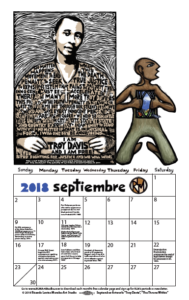 September 2018 free downloadable calendar, artwork by Ricardo Levins Morales, featuring art from "Troy Davis" and "The Throne Within" posters.