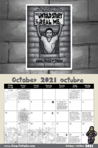 Ricardo Levins Morales 2021 Liberation Calendar October spread - features the cover of "Untold Story of the Real Me - Young Voices from Prison," showing a young person breaking through the bars of their cell. The bottom of the page shows Japense farmers marching, and a dancer in a jingle dress.