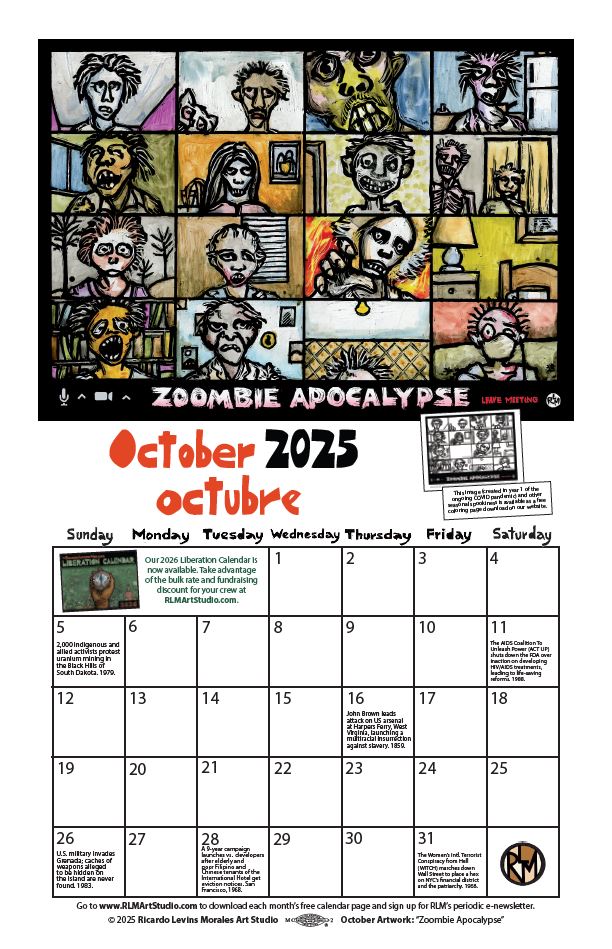 Monthly printable calendar page, artwork by Ricardo Levins Morales