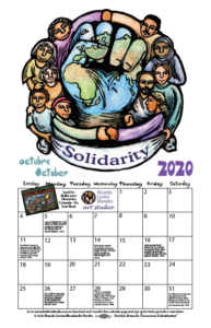 Calendar page for October 2020 featuring a fist colored like the earth, surrounded by people and the word "Solidarity" Artwork by Ricardo Levins Morales