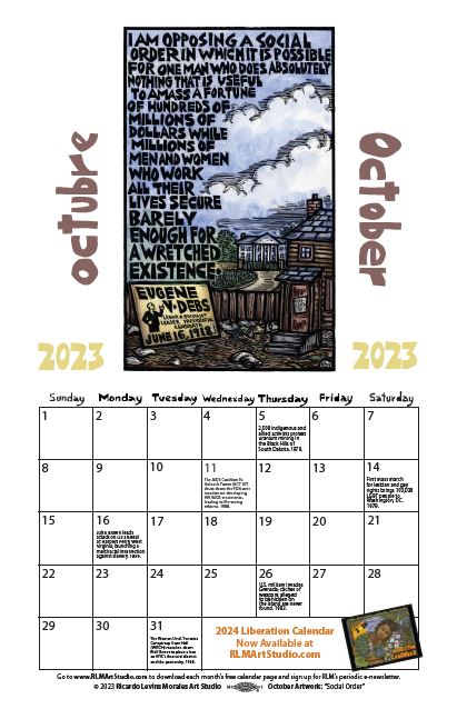 Monthly printable calendar page, artwork by Ricardo Levins Morales