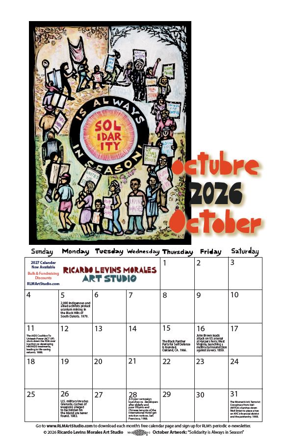 Monthly printable calendar page, artwork by Ricardo Levins Morales