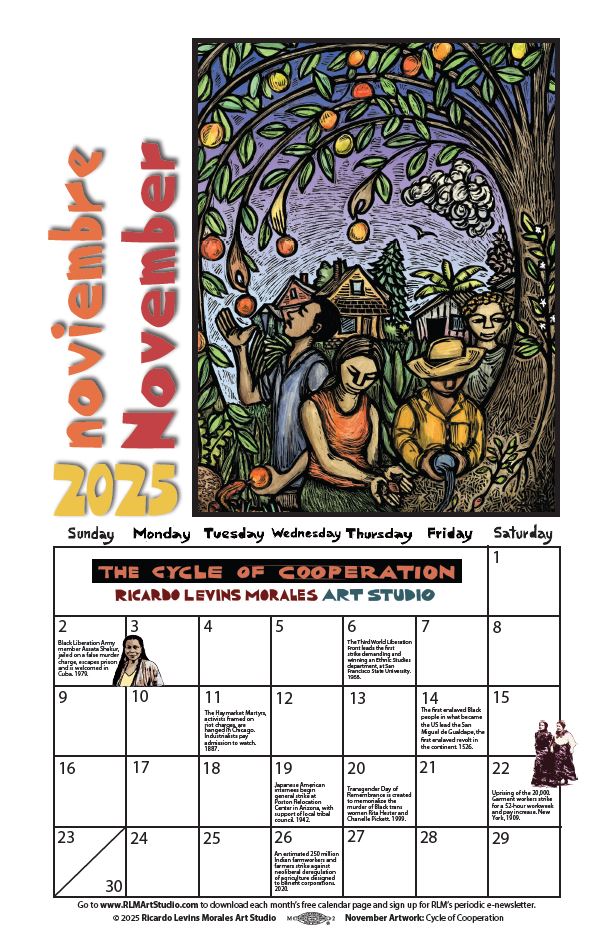 Monthly printable calendar page, artwork by Ricardo Levins Morales