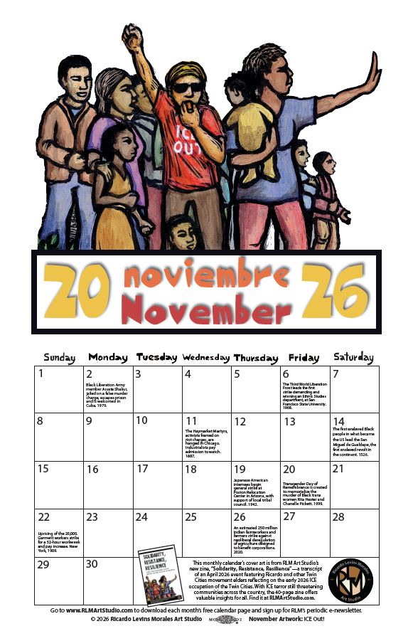 Monthly printable calendar page, artwork by Ricardo Levins Morales