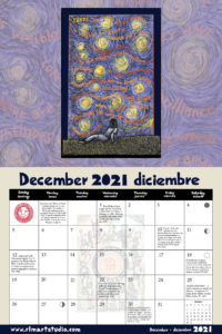 Ricardo Levins Morales 2021 Liberation Calendar December spread - features poster showing quote from Jewish resistance poet Hannah Sanesh against a starry sky. Faded against the calendar grid is the illustration "Solidarity is Always in Season" showing marchers circing a sun through the four seasons.
