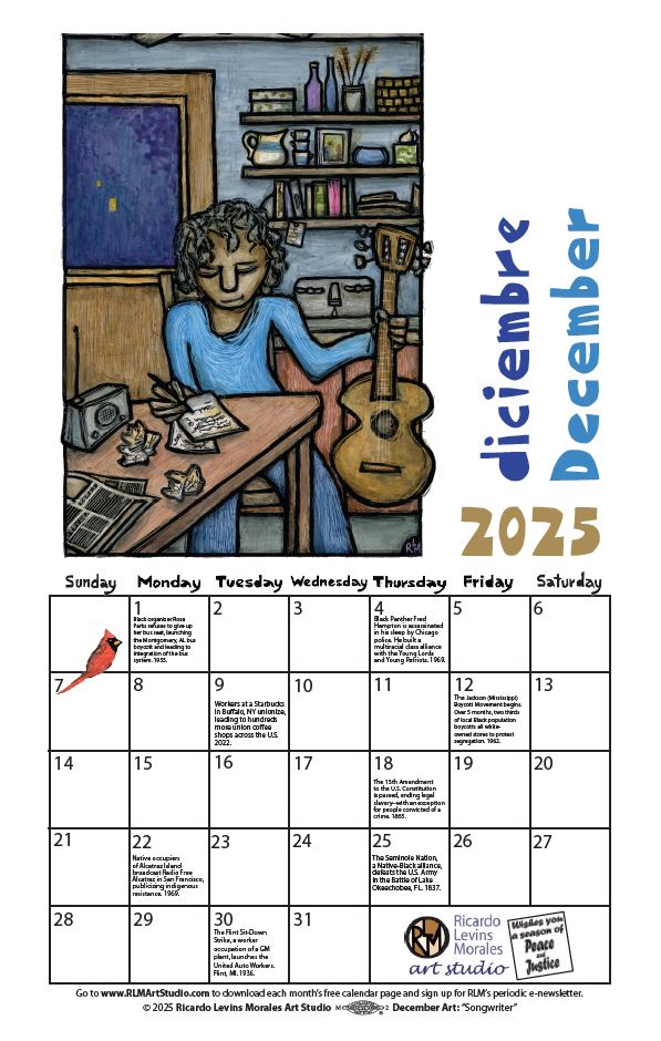 Monthly printable calendar page, artwork by Ricardo Levins Morales