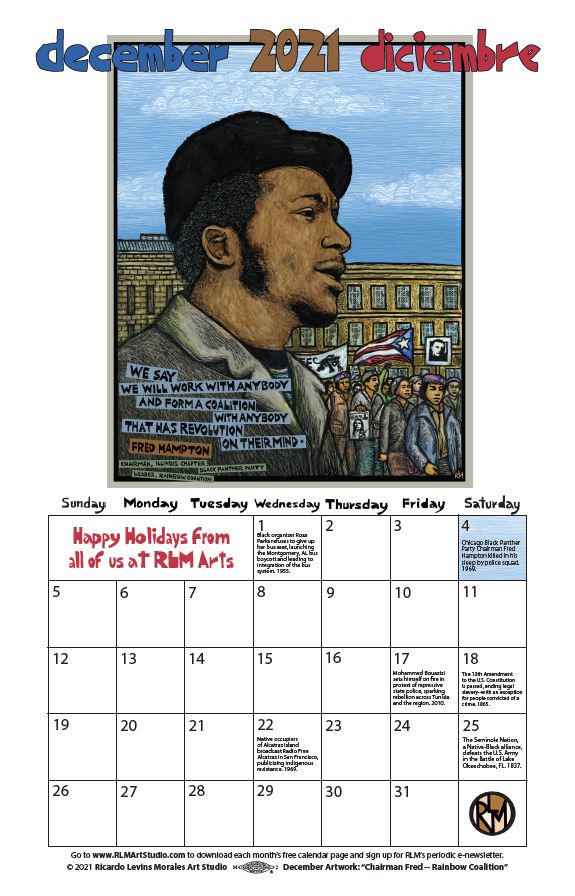 Monthly printable calendar page, artwork by Ricardo Levins Morales