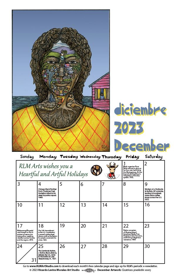 Monthly printable calendar page, artwork by Ricardo Levins Morales