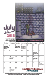 July 2018 downloadable calendar preview. Adapted from poster art "No One is Disposable" by Ricardo Levins Morales.