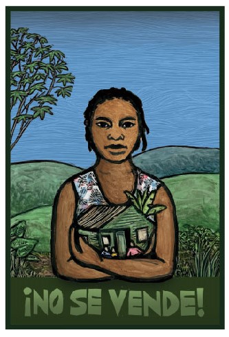 Image of a figure in front of a field, holding a house in their hands, with the words "No Se Vende!" written beneath