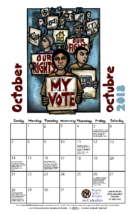 October calendar page featuring "My Vote" Artwork by Ricardo Levins Morales