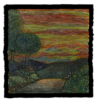 Landscape of a red, orange, yellow sky, trees, and hills. A dirt road with a figure resting on the side. Original artwork by Ricardo Levins Morales