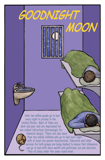 Image of two figures sleeping on bunks in a prison cell, with the moon outside the window and "Goodnight Moon" written above