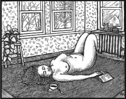 A figure reclining with a book, tea, and a cat in the background. Black and white figure drawing by Ricardo Levins Morales