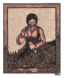 An illustration of a woman carving herself out a mountain. Titled "Self Made Woman" by Ricardo Levins Morales.