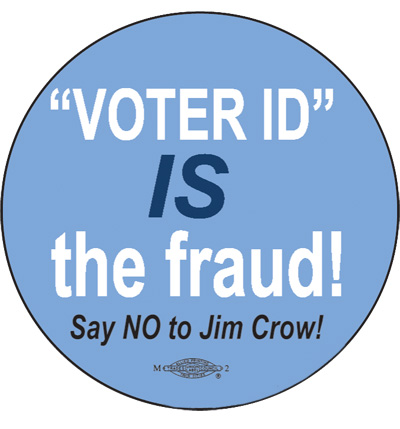 Voter ID IS The Fraud - Voting Rights Button by Ricardo Levins Morales