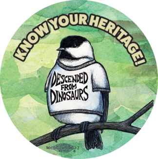 Know Your Heritage - Button by Ricardo Levins Morales Art Studio. Features a chickadee wearing a t-shirt that says "Descended from Dinosaurs"