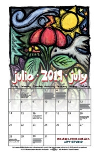 A free downloadable calendar for July 2019. Features artwork with a sky, sun, flowers and creatures from Ricardo Levins Morales' piece, "Lizard Dreams"