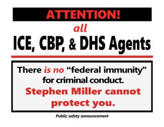 Attention Federal Agents: No Immunity window poster by Ricardo Levins Morales