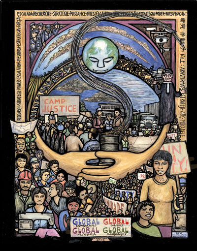 The image depicts union workers of many trades coming together across borders in solidarity and struggle. A protest, picket line, blockade and rally all gather, while agents of corporate-state surveillance look on from the upper corners. 