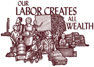Original artwork by Ricardo Levins Morales. Features workers with "Our Labor Creates All Wealth" written above. Sepia tone