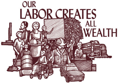 Original artwork by Ricardo Levins Morales. Features workers with "Our Labor Creates All Wealth" written above. Sepia tone